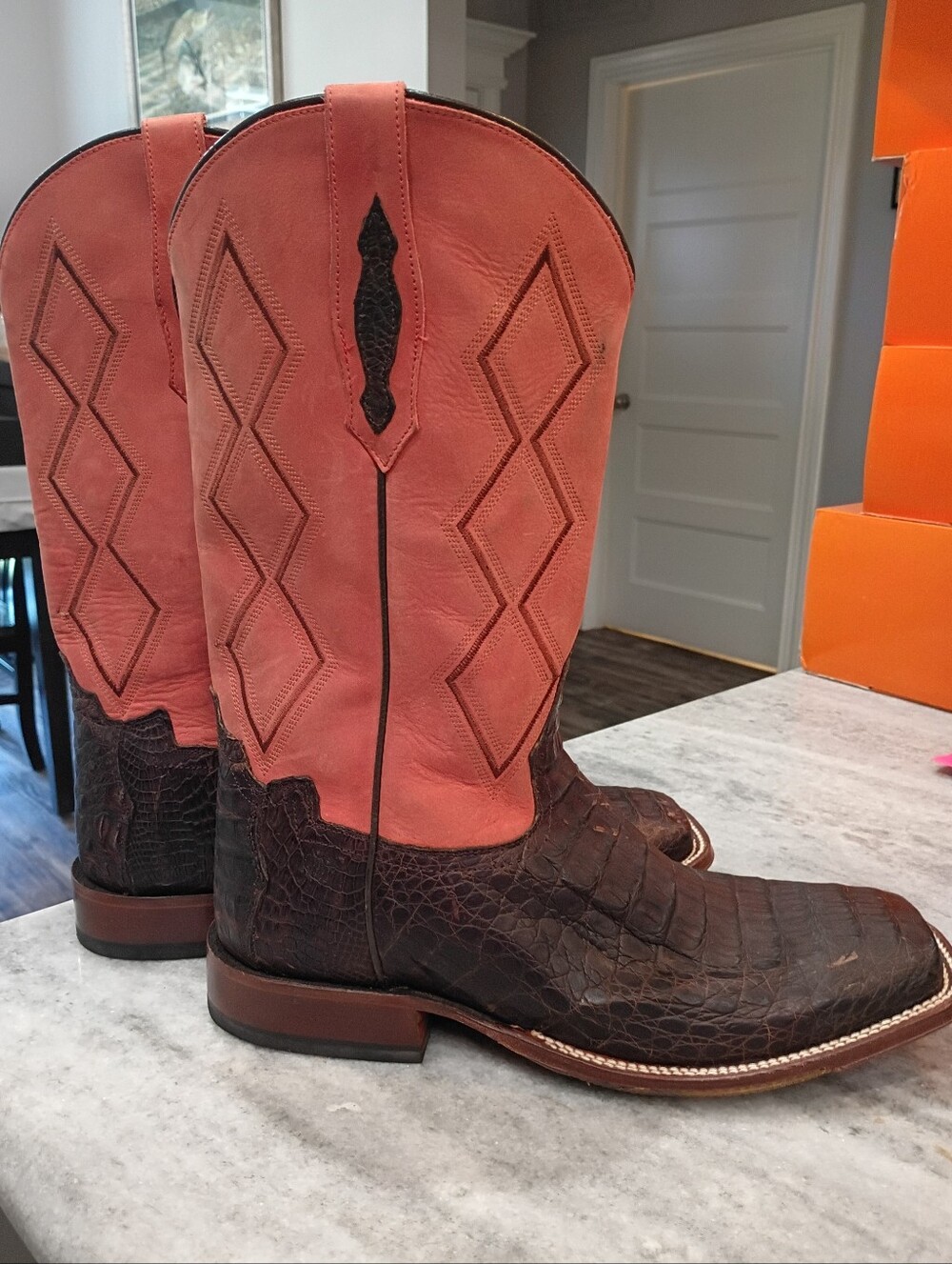 Tony Lama Brown Caiman Leather with Red Shaft Western Boots Size 11 EE Defects